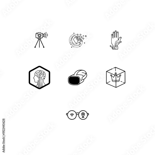 Metaverse and virtual reality linear icon set, VR headset, augmented reality and digital avatar vector symbols