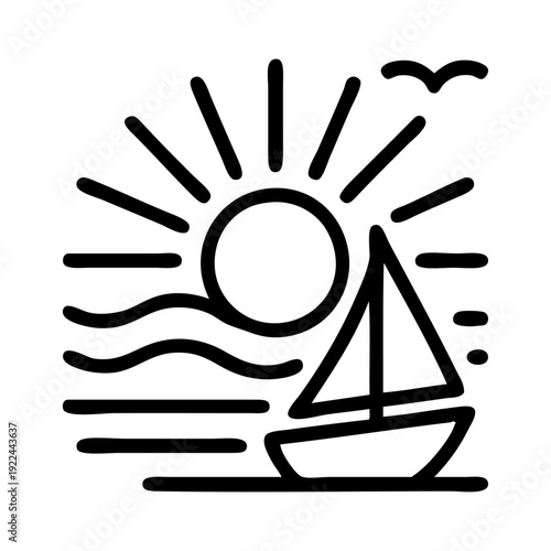 Logo agencia de viajes. Vacaciones de verano. Dibujo sencillo con líneas de un paisaje con un barco de vela, sol, un pájaro volando y olas de mar