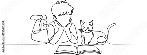 Single one line drawing the boy prone and reading a book with his cat. Seeing a picture of a cat in a book. Attracts attention. Together. National Pet Day. one line Icon drawing