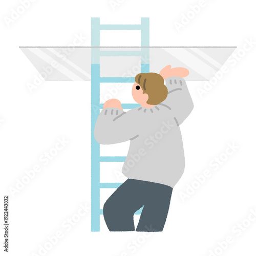 梯子の上で透明な境界に触れる人物のフラットイラスト 上昇の停止を表す概念表現