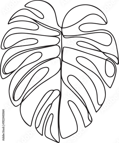 Single continuous line drawing tropical monstera leaf. Botany style concept for posters, wall art, tote bag, mobile case, t-shir, sticker print. one line Icon drawing