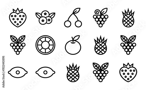 Organic fruit produce monoline pictograms for healthy lifestyle branding. Minimalist chunky geometric line art featuring strawberry, pineapple, and citrus elements.