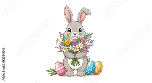Adorable easter bunny holding a bouquet of colorful flowers and easter eggs nearby