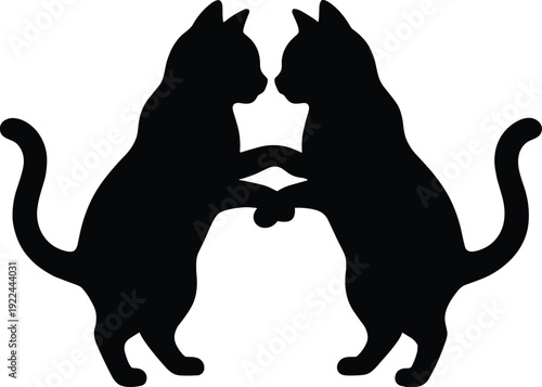 Cat Silhouette Pair, Romantic Feline Love Illustration, Black Kitty Couple Standing, Isolated Animal Vector Clipart, Symmetrical Pet Design Graphic