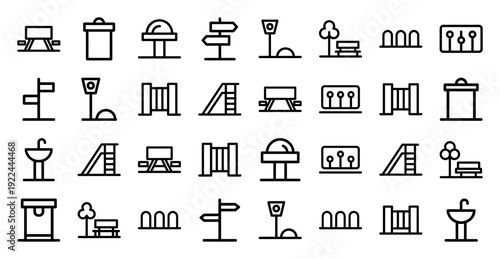 Urban infrastructure and public park landscape design elements. Minimalist monoline pictograms for city planning, outdoor recreation, and municipal wayfinding.