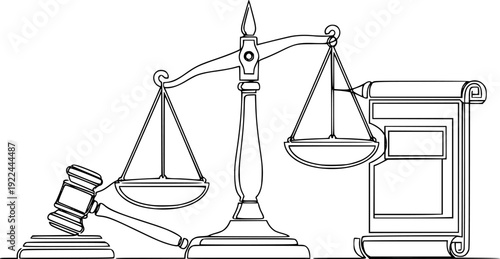Continuous line drawing representing legal fairness with a balance scale
