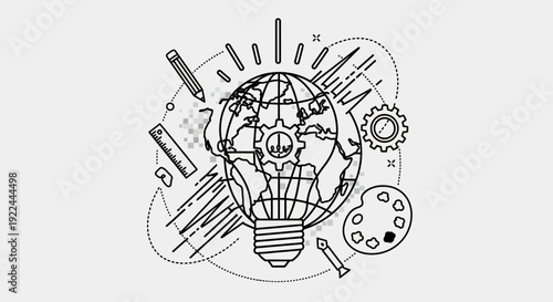 Global Idea Generation: Lightbulb, Earth, Gears, Art Supplies, Pencil, Ruler
