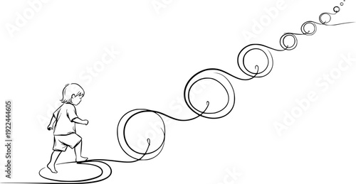 A flowing line drawing of a small kid making progress by stepping on a sequential path of abstract loop shapes