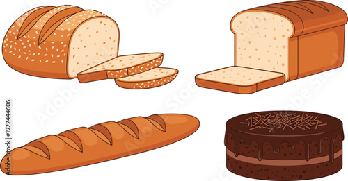 Bread and cake vector set. Sliced loaf, baguette and chocolate cake illustration. Cartoon baked goods collection for cafe menu and packaging design.