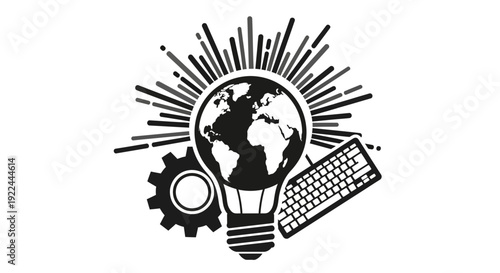 Global Innovation Concept: Lightbulb Earth, Keyboard, Gear, Rays