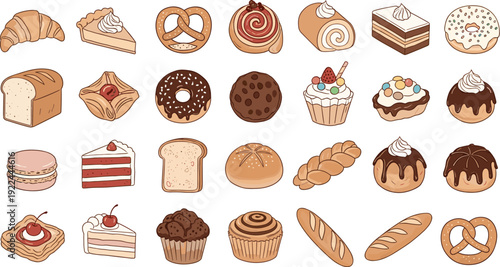 Bakery dessert vector collection. Cakes, donuts, bread and pastries set. Hand drawn sweet food illustration for cafe menu and packaging design.