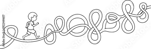 A flowing line drawing of a small kid making progress by stepping on a sequential path of abstract loop shapes