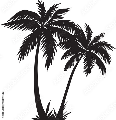 Iconic Coconut Palm Tree Silhouette, Elegant Black Outline on White, Symbolizing Tropical Getaways