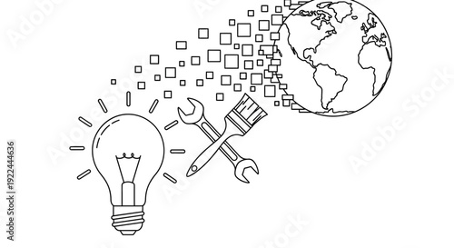 Idea to Reality: Lightbulb, Tools, and Earth Transformation Concept