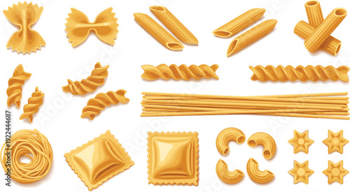 Pasta collection vector set. Spaghetti, penne, fusilli and ravioli shapes. Italian dry pasta illustration isolated for restaurant menu and packaging design.