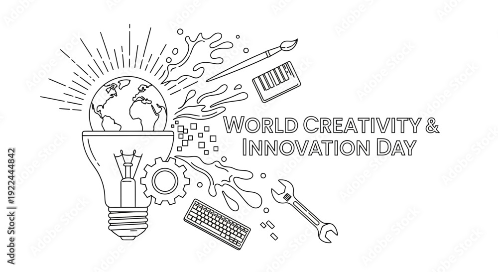 Fototapeta premium World Creativity and Innovation Day - Lightbulb, Globe, Art Supplies & Tools