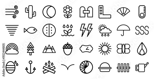 Nature and meteorological line icons for seasonal branding and environmental infographics. Minimalist monoline symbols featuring weather, flora, and outdoor lifestyle elements.
