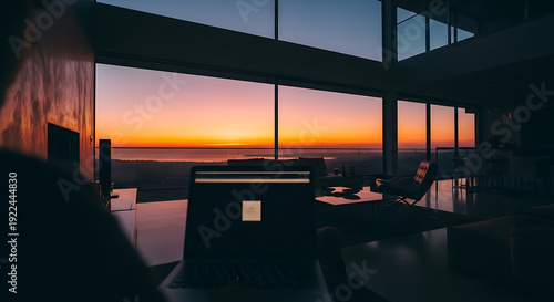 Modern home office with laptop sunset view luxury workspace minimalist design