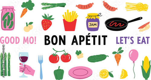 Bon Appétit food vector set. Vegetables, fruits and kitchen elements illustration. Cute hand drawn healthy eating collection with lettering for menu and poster design.