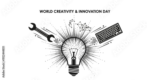 World Creativity & Innovation Day: Lightbulb, Keyboard, Wrench, Network - Idea Generation