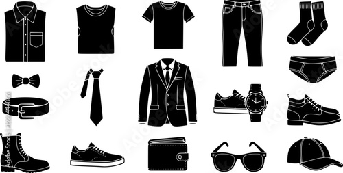 Collection of essential mens clothing and accessories depicted as solid silhouette icons