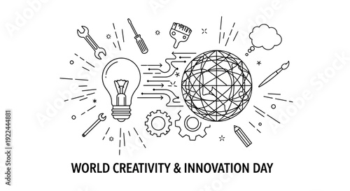 World Creativity and Innovation Day - Lightbulb, Globe, Tools, Gears, Pencil, Paintbrush