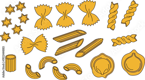 Pasta outline vector set. Farfalle, penne, fusilli and macaroni shapes. Simple line art Italian food illustration for menu, packaging and cooking design.