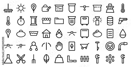 Sustainable gardening and organic farming monoline icons. Minimalist agriculture pictograms featuring irrigation systems, botanical growth, and eco-friendly cultivation tools.