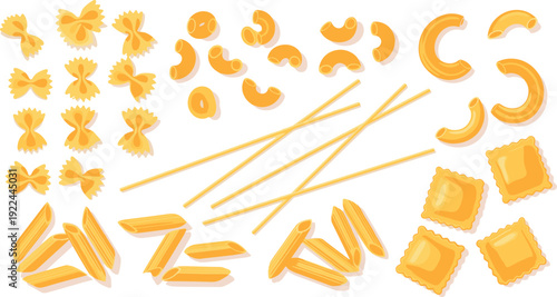 Pasta types vector set. Spaghetti, macaroni, penne and ravioli collection. Italian food illustration isolated for restaurant menu, packaging and cooking design.