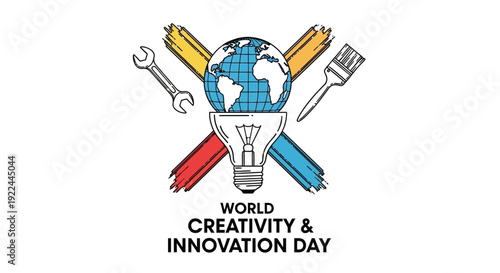 World Creativity and Innovation Day concept: light bulb, globe, paintbrush, wrench