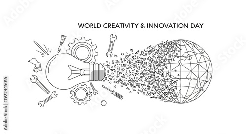 World Creativity and Innovation Day concept: Lightbulb exploding into globe fragments