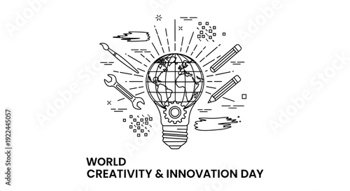 World Creativity and Innovation Day Concept: Lightbulb Globe, Tools, and Art Supplies