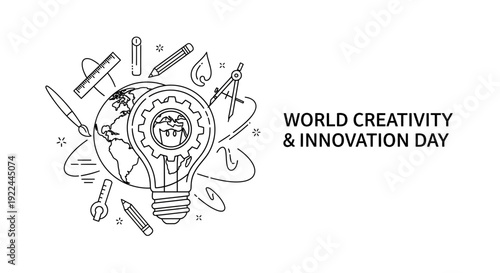 World Creativity and Innovation Day Concept: Lightbulb Idea, Globe, Tools, and Art Supplies