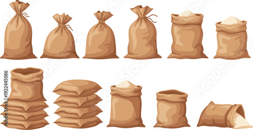 Rice sack vector set. Burlap bags filled with white rice grain. Cartoon agriculture packaging illustration for grocery, farm market and food storage design.