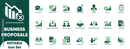 Business proposals Solid icon set. collaboration, deal, contract, discussion, document, leadership, marketing, funding, and business vector.