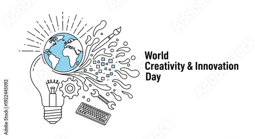 World Creativity and Innovation Day concept: lightbulb, earth, gears, keyboard, paint brush, wrench
