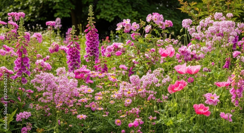 Obraz premium Lush Garden Display - Foxgloves and Poppies in Full Bloom.