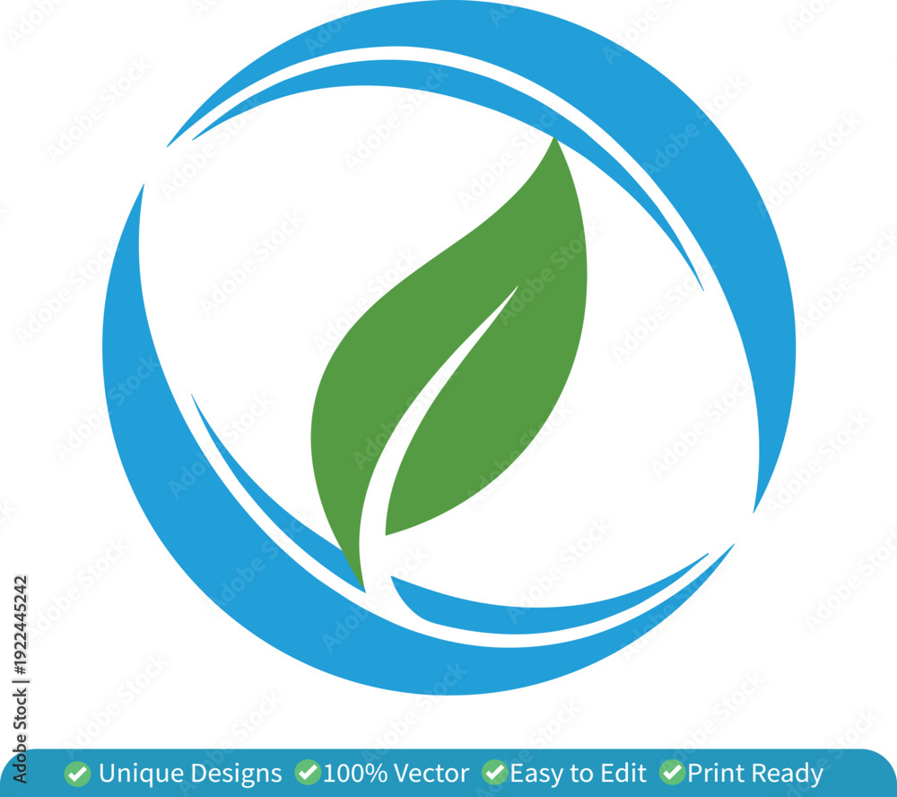 Fototapeta premium Eco Leaf Logo Vector – Green Nature Water Circle Icon, Environmental Organic Brand Symbol