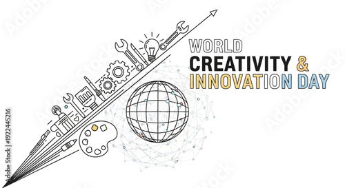 World Creativity and Innovation Day Concept with Pencil, Globe, and Tools