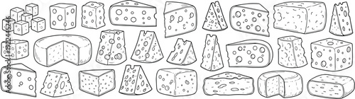 Cheese collection hand drawn vector set. Assorted dairy wedges, cubes and wheels. Black and white vintage food illustration for menu, cookbook and packaging design.