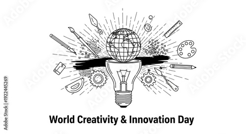 World Creativity and Innovation Day concept, light bulb globe, art supplies, gears, sketch