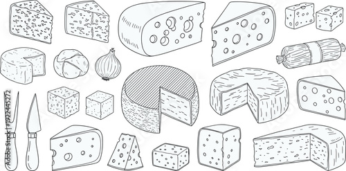 Cheese assortment hand drawn vector set. Dairy wedges, wheels, cubes and knife tools. Vintage black and white food illustration collection for menu and packaging design.