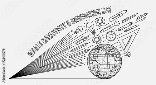World Creativity and Innovation Day concept, globe, lightbulbs, gears, rockets, education
