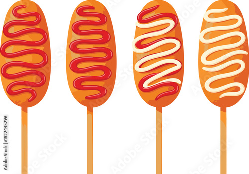 Corn dog vector set. Fried sausage on stick with ketchup and mustard sauce. Cartoon street food illustration for fast food menu and snack design.