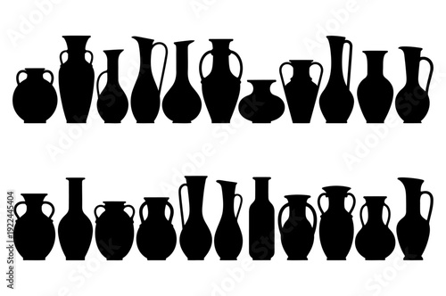 Set of ancient amphora and ceramic vase black silhouettes