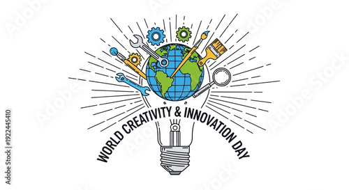 World Creativity and Innovation Day: Global Ideas, Tools, and Lightbulb Concept