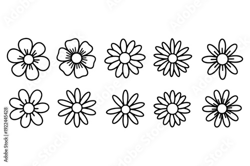 Set of simple daisy flower outlines and chamomile line art icons