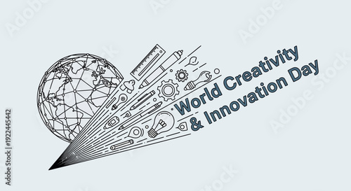 World Creativity and Innovation Day Globe Drawing Tools Lightbulb Concept