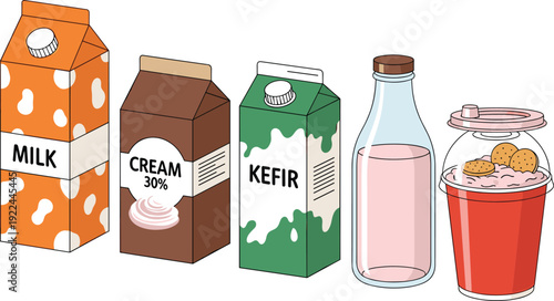 Dairy products packaging vector set. Milk, cream and kefir cartons with bottle and yogurt cup. Hand drawn food illustration for grocery, branding and menu design.