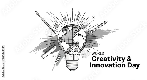 World Creativity and Innovation Day: Globe Light Bulb Idea, Art Tools Sketch